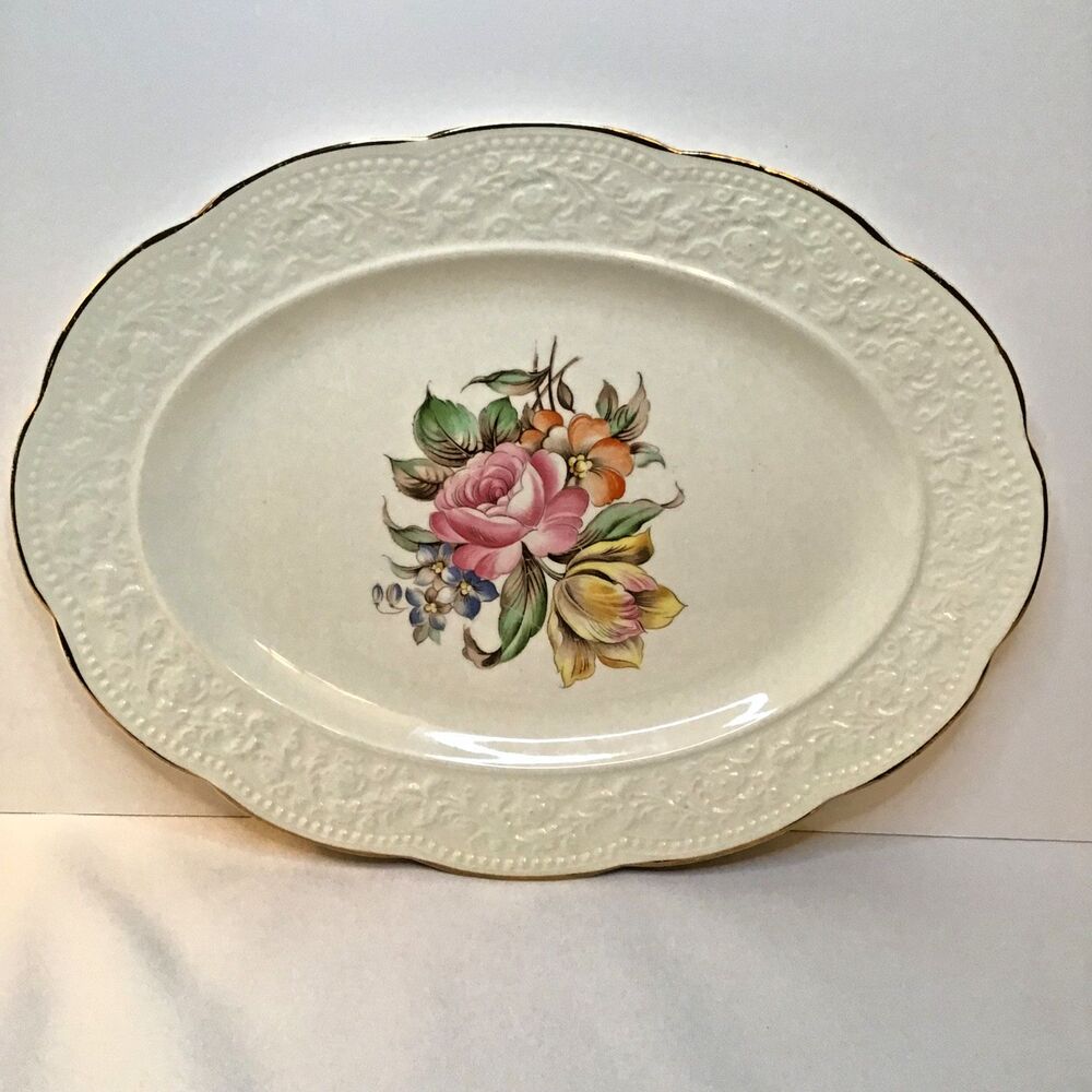 Vintage Edwin Knowles 13" Oval Serving Platter KNO30 Floral w/Gold Trim